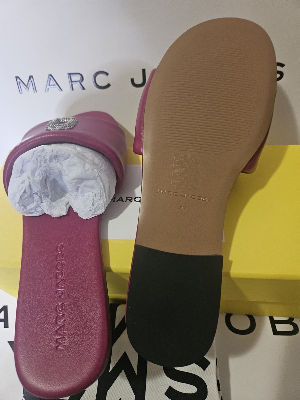 Marc Jacobs Fuchsia Slide Sandals with Crystal Logo Accent - Picture 8 of 11